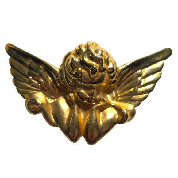 Gold-Tone Angel Wing Cherub Pin Brooch pendant 3" Vintage Style - Picture 1 of 3